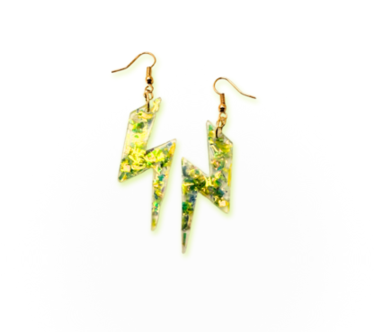 green resin multi-sparkle lightning bolt earrings