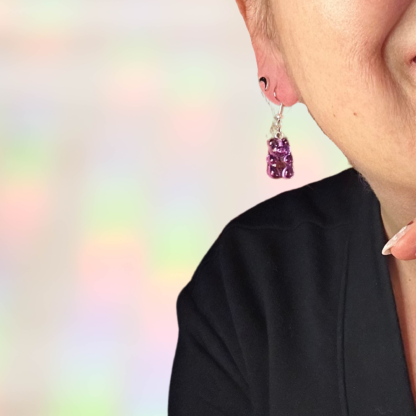 purple clear resin gummy bear earrings