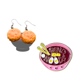 Square ramen earrings with send noods enamel pin